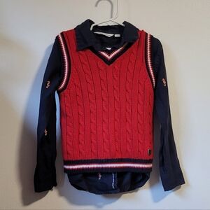 Red Cable Knit Vest with Navy Shirt
